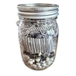 Chunky Silver Tone Jewelry Jar Statement Chain Beaded Rings Lot